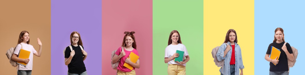 Image of Teen girl, collage of portraits on different colors backgrounds