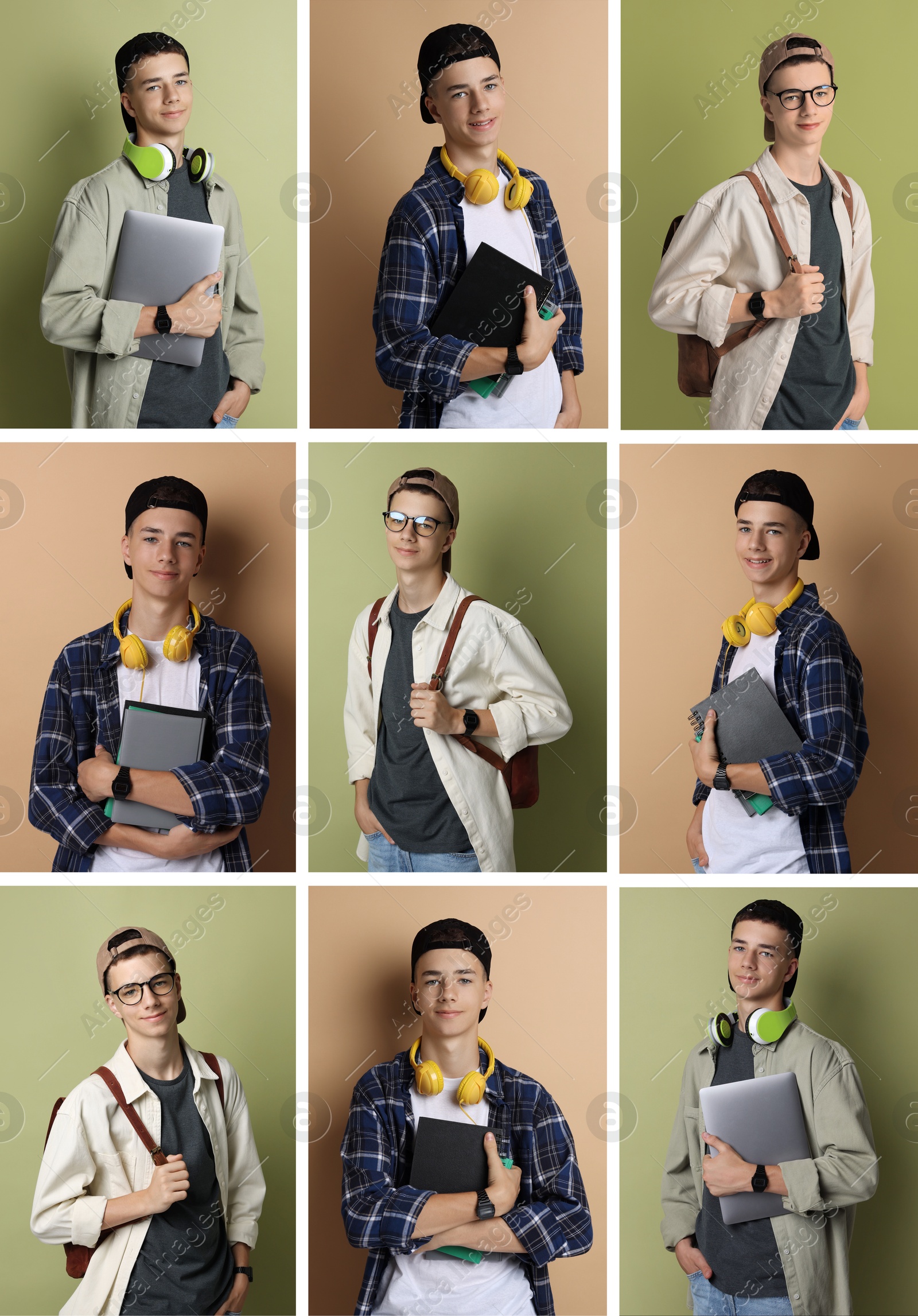 Image of Teen boy, collage of portraits on different colors backgrounds