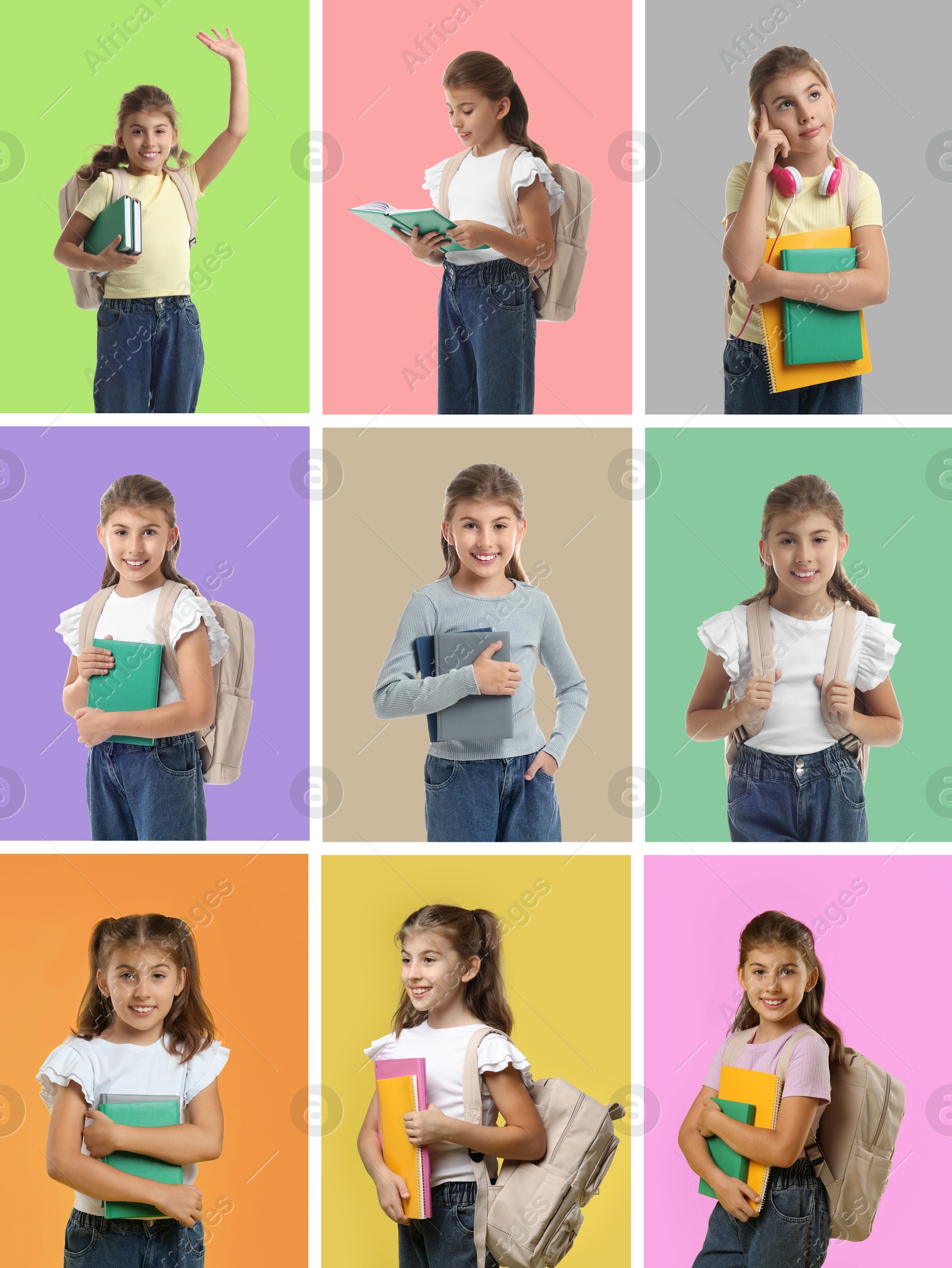 Image of Cute girl, collage of portraits on different colors backgrounds