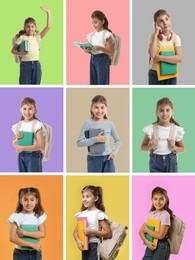 Image of Cute girl, collage of portraits on different colors backgrounds