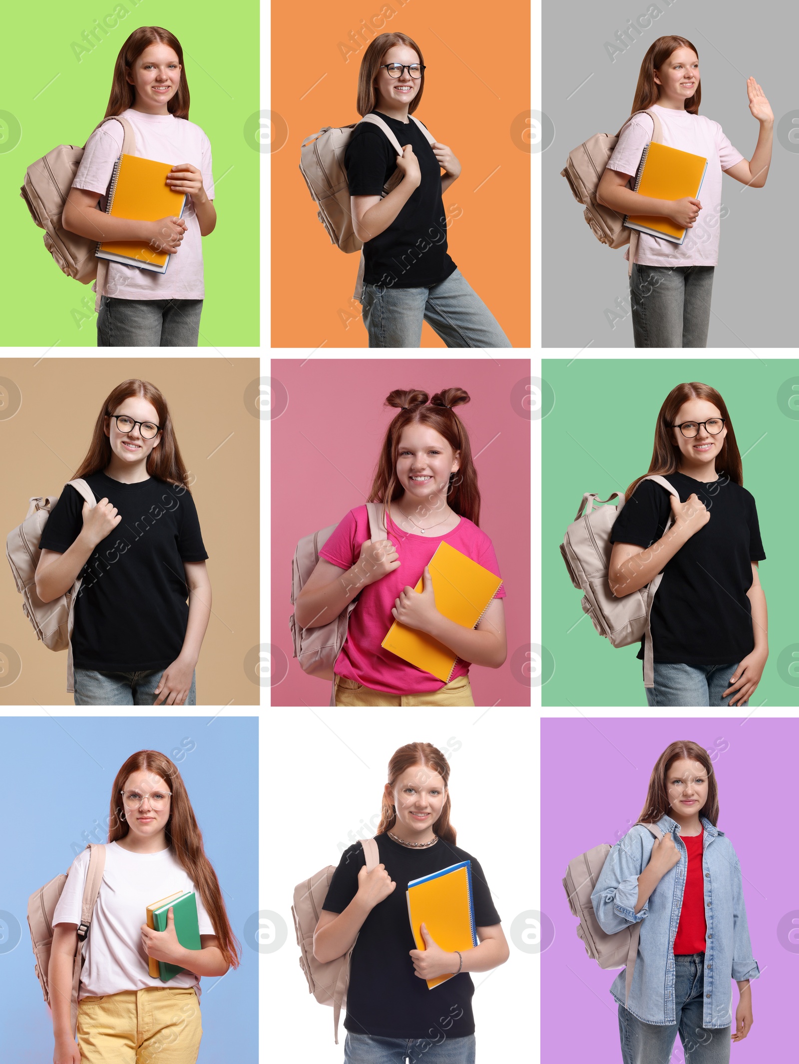 Image of Teen girl, collage of portraits on different colors backgrounds