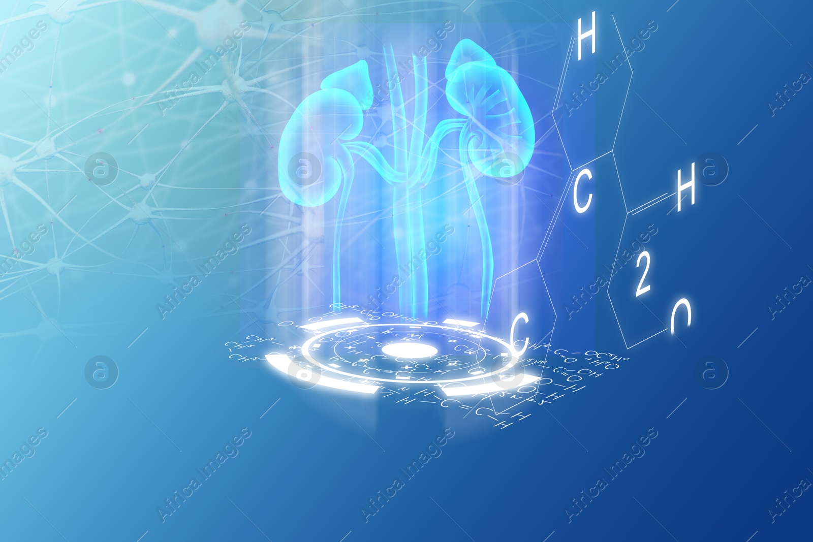 Image of Medical technology. Kidneys, neural network and chemical formulas on blue gradient background, illustration