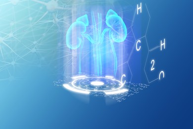 Image of Medical technology. Kidneys, neural network and chemical formulas on blue gradient background, illustration