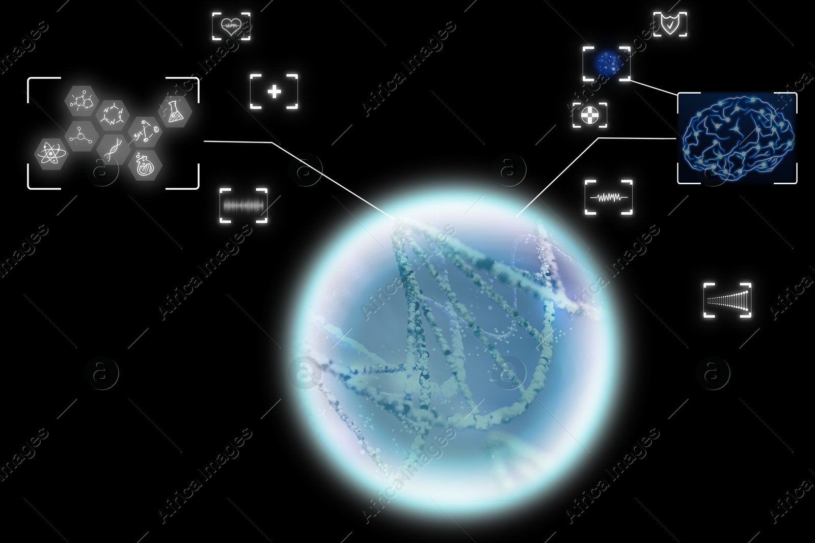 Image of Medical technology. Scheme with DNA, different icons and human brain on black background, illustration