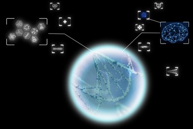 Image of Medical technology. Scheme with DNA, different icons and human brain on black background, illustration