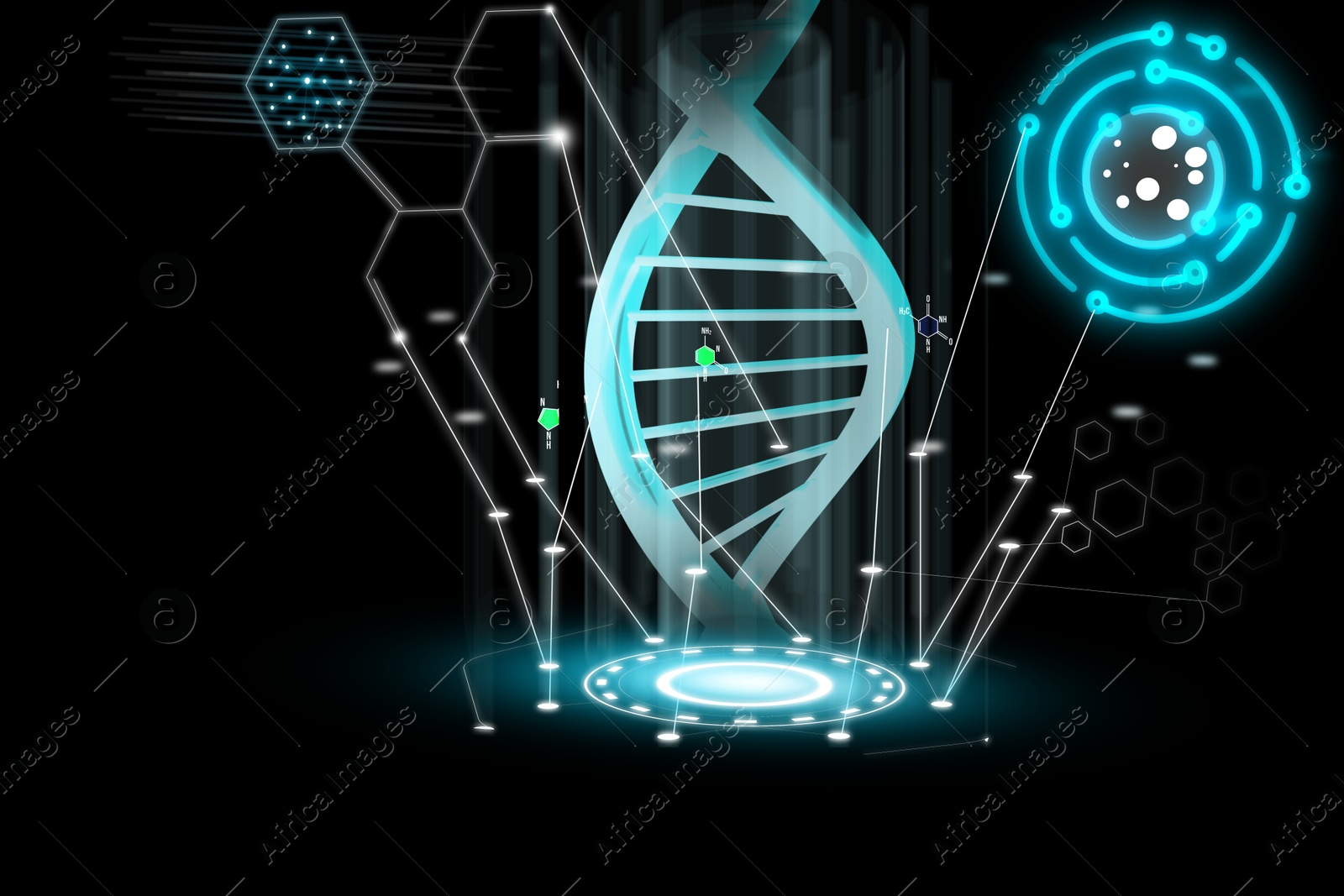 Image of Medical technology. Scheme with DNA and molecules' structures on black background