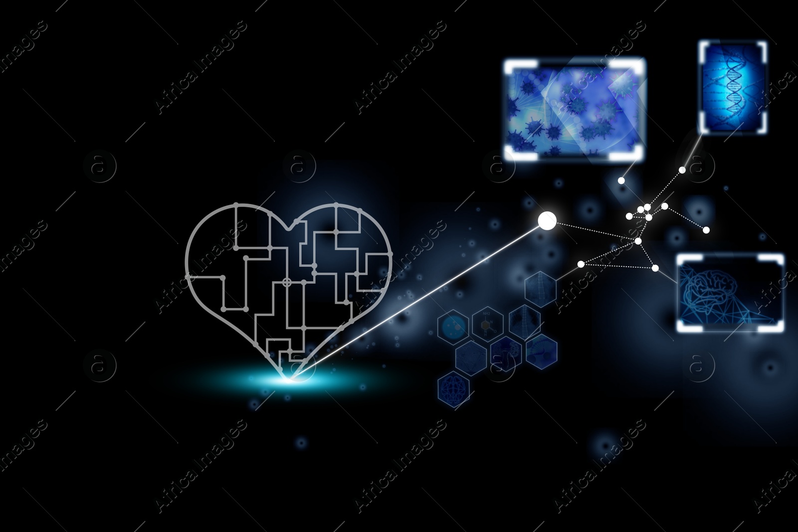 Image of Medical technology. Scheme with heart, different icons, virus, human brain and DNA on black background, illustration