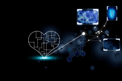 Image of Medical technology. Scheme with heart, different icons, virus, human brain and DNA on black background, illustration