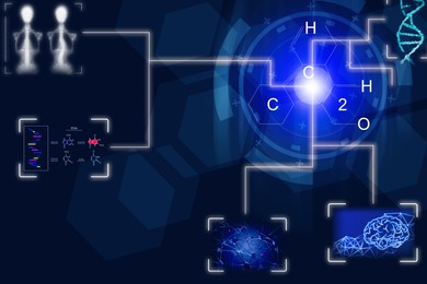 Image of Medical technology. Scheme with human skeleton x-ray, data, DNA, brain and neural network on dark blue background, illustration