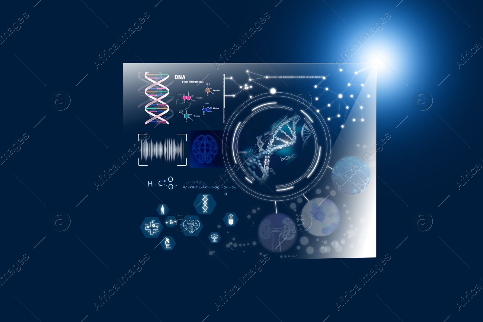 Image of Medical technology. Different icons, DNA, human brain, kidneys, virus and neural network on dark blue background, illustration