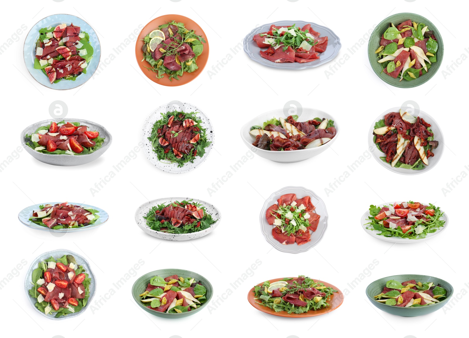 Image of Delicious bresaola salad isolated on white, set