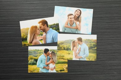 Different family photos on black wooden table, flat lay