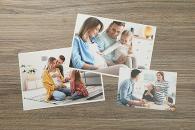 Photo of Different family photos on wooden table, flat lay