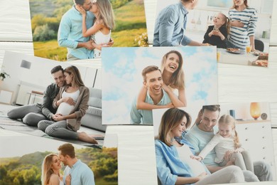 Photo of Different family photos on white wooden table, flat lay