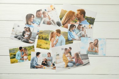 Photo of Different family photos on white wooden table, flat lay