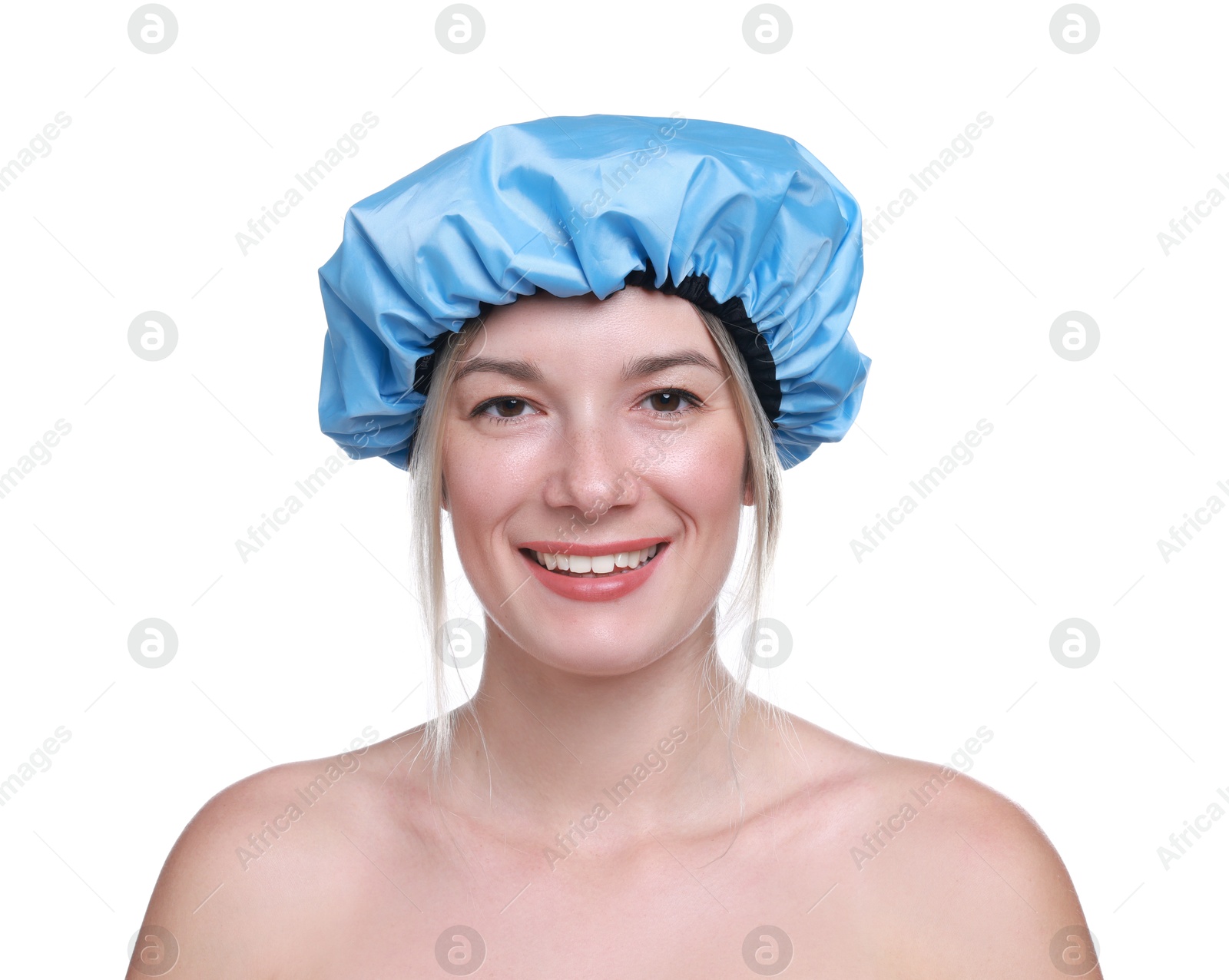 Photo of Woman in blue shower cap on white background