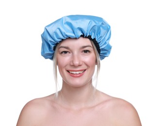 Photo of Woman in blue shower cap on white background