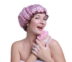 Photo of Woman with shower cap and mesh sponge on white background