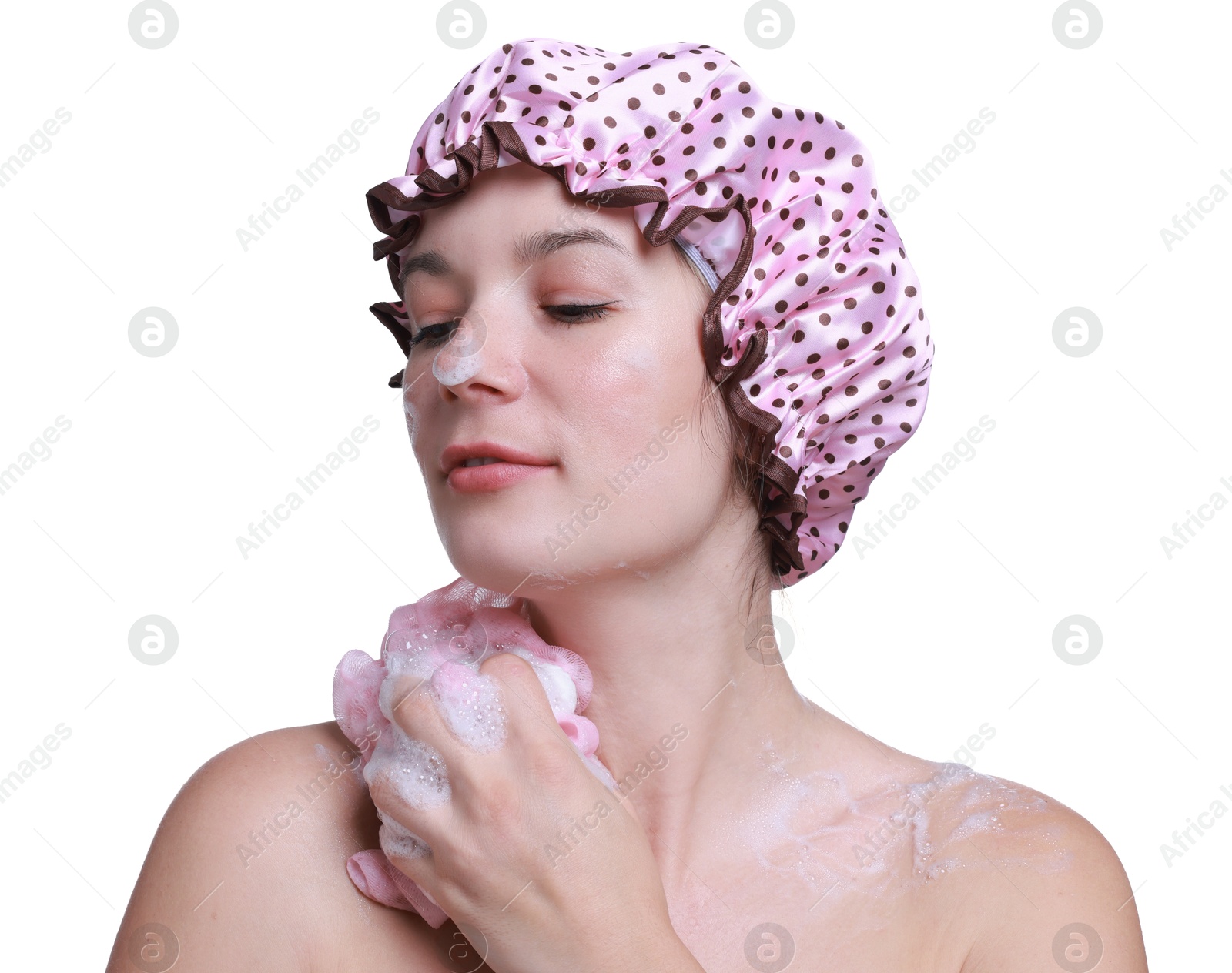 Photo of Woman with shower cap and mesh sponge on white background