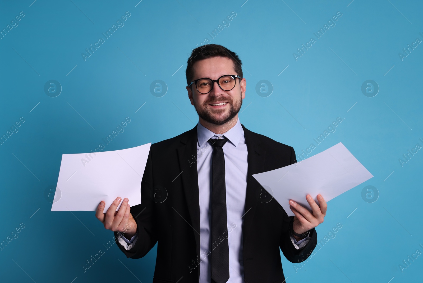 Photo of Banker with documents on light blue background