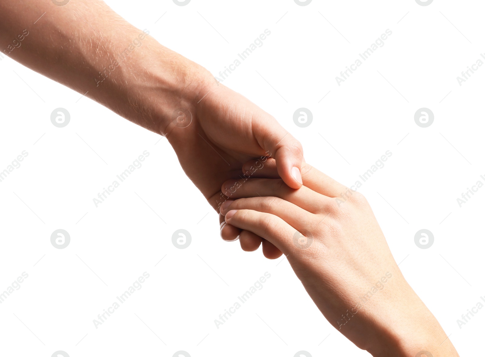 Photo of Help and support. People holding hands on white background, closeup