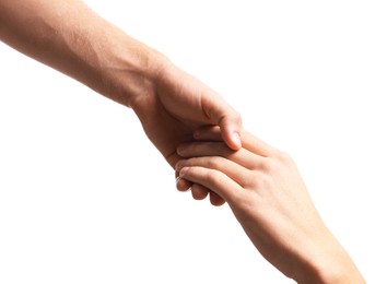 Photo of Help and support. People holding hands on white background, closeup