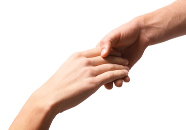 Photo of Help and support. People holding hands on white background, closeup