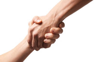 Photo of Help and support. People holding hands on white background, closeup