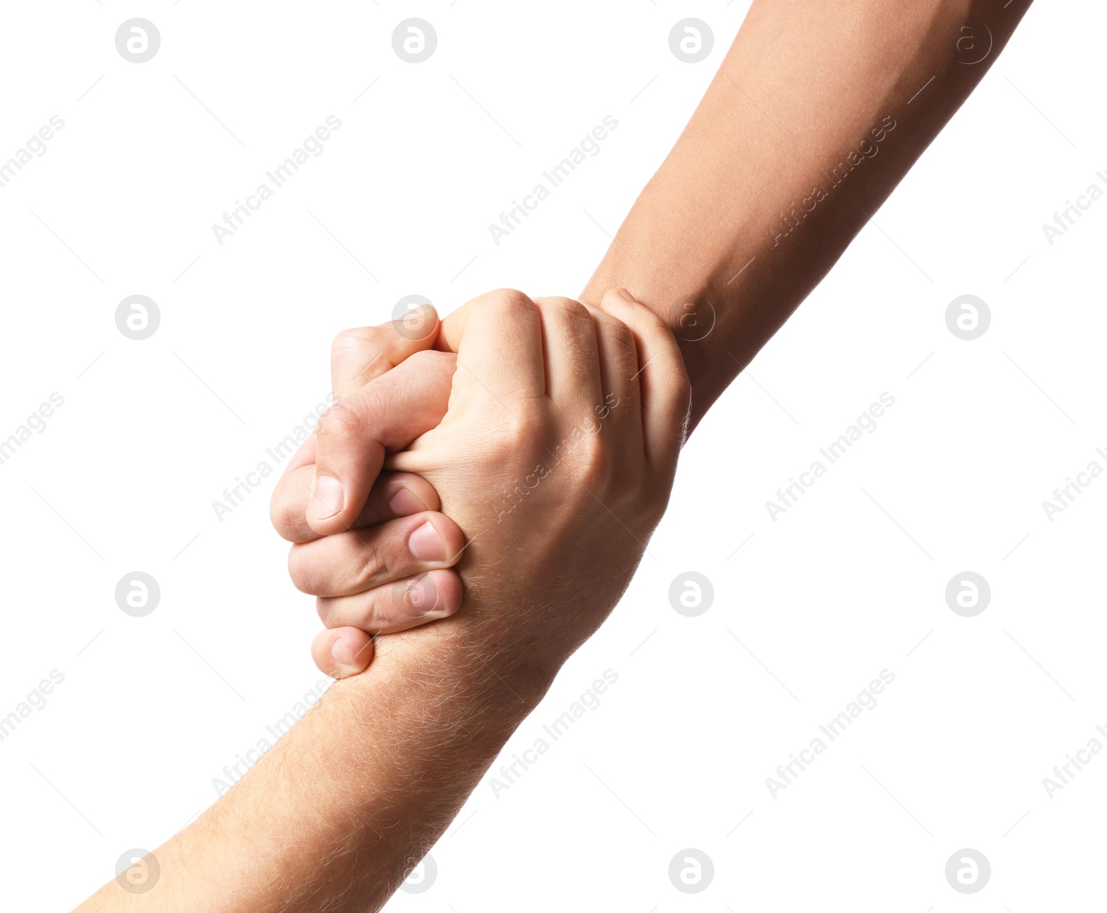 Photo of Help and support. People holding hands on white background, closeup