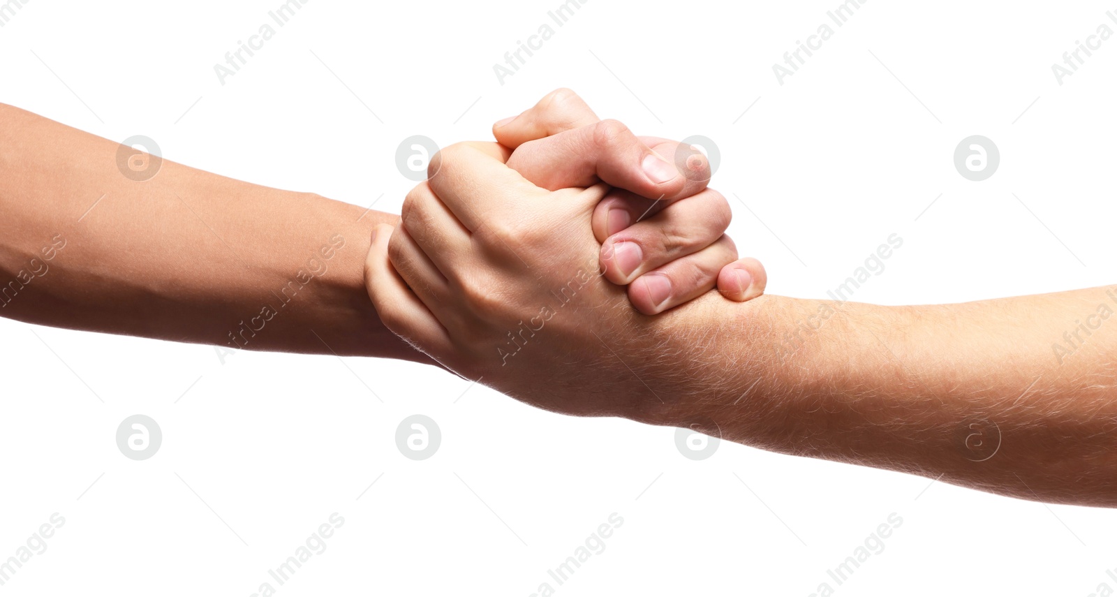 Photo of Help and support. People holding hands on white background, closeup