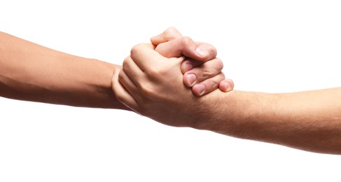 Help and support. People holding hands on white background, closeup