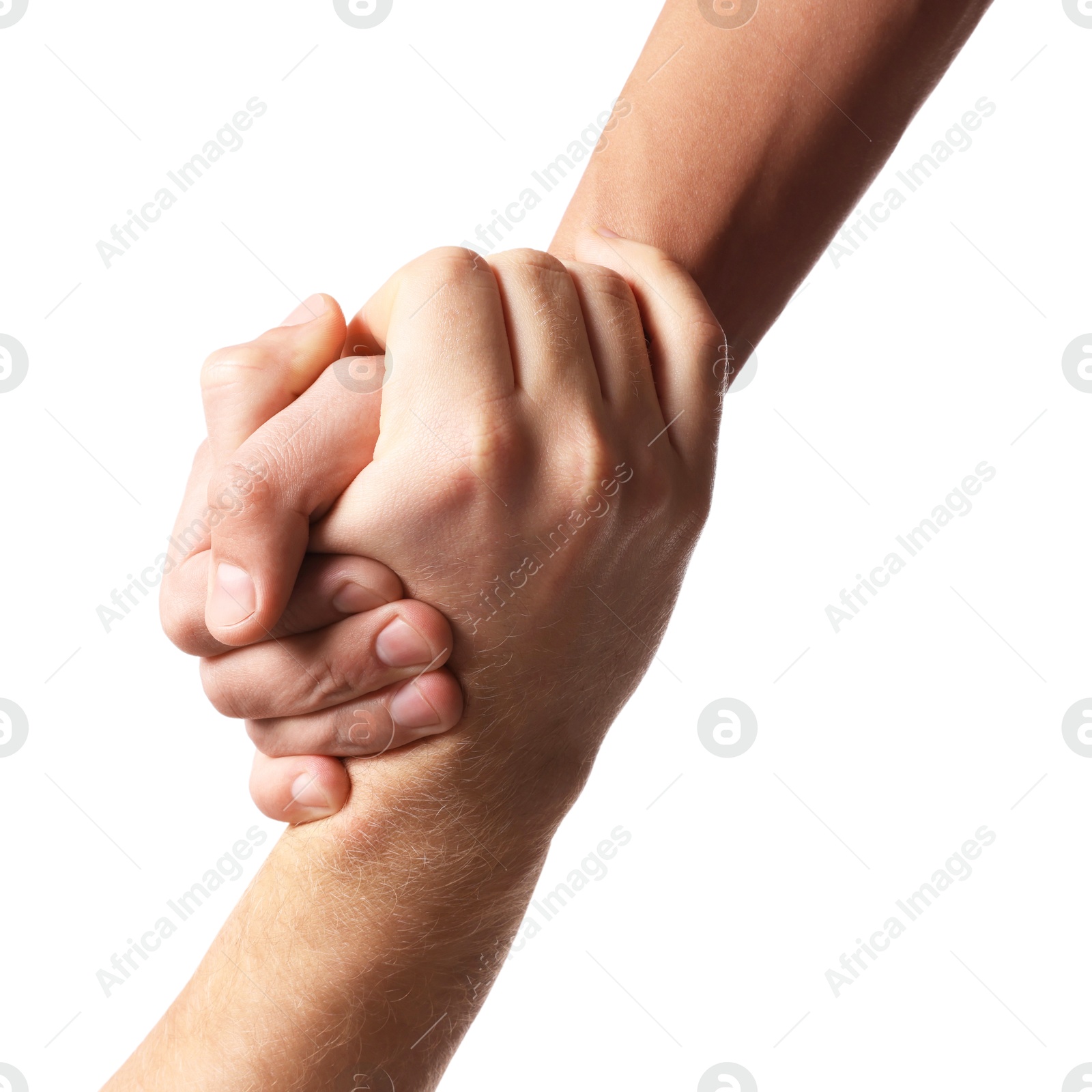 Photo of Help and support. People holding hands on white background, closeup