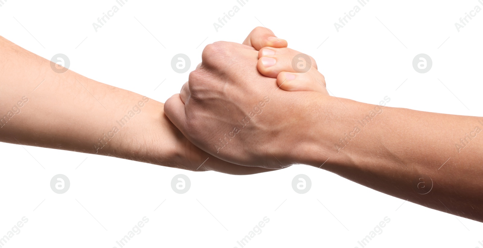 Photo of Help and support. People holding hands on white background, closeup