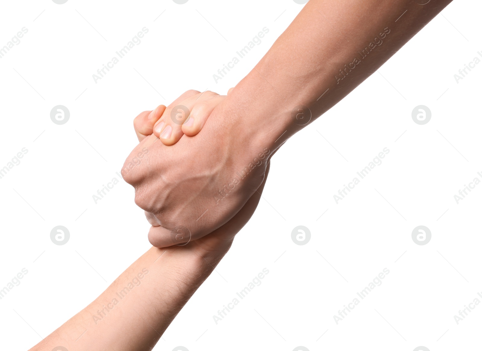 Photo of Help and support. People holding hands on white background, closeup