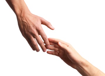 Photo of Man reaching for helping hand on white background, closeup