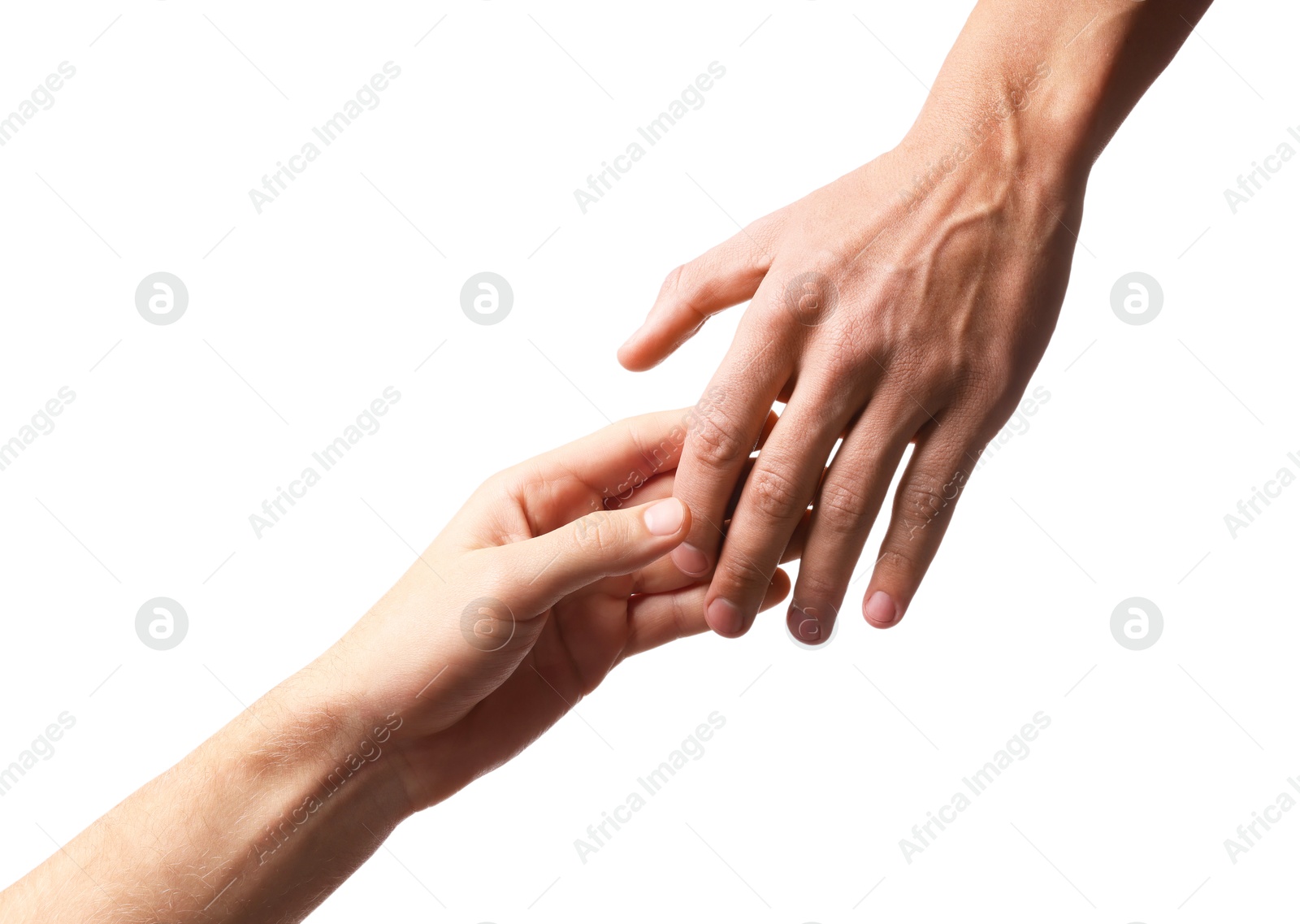 Photo of Man reaching for helping hand on white background, closeup