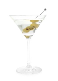 Photo of Martini cocktail with olives in glass isolated on white