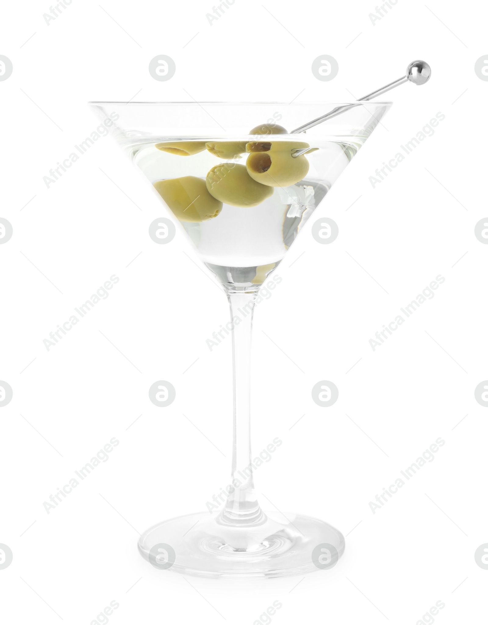 Photo of Martini cocktail with olives in glass isolated on white