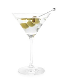 Photo of Martini cocktail with olives in glass isolated on white