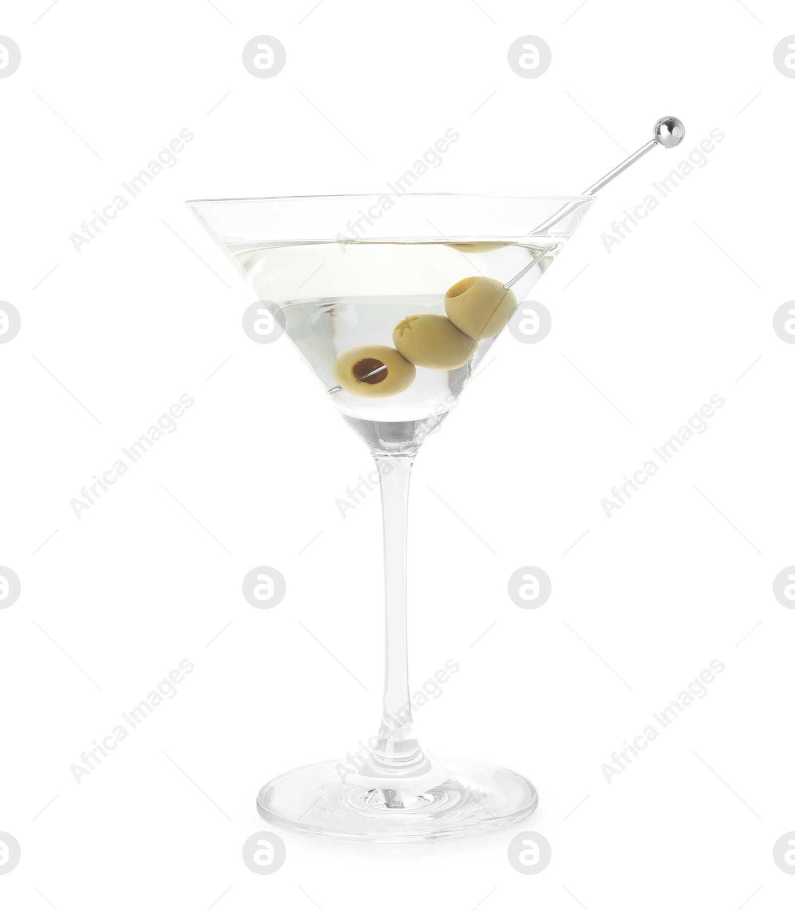 Photo of Martini cocktail with olives in glass isolated on white