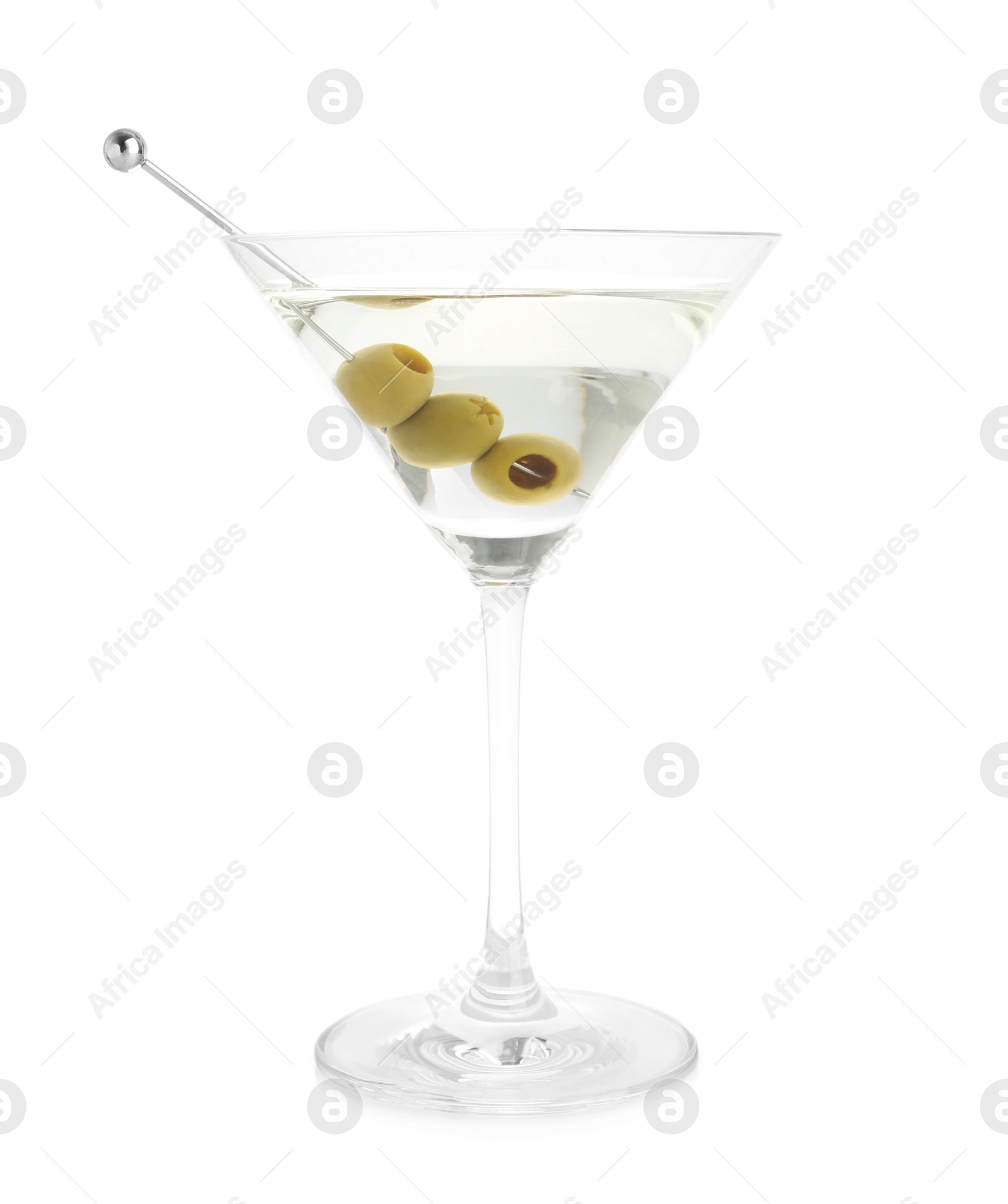 Photo of Martini cocktail with olives in glass isolated on white