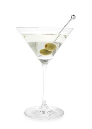 Photo of Martini cocktail with olives in glass isolated on white