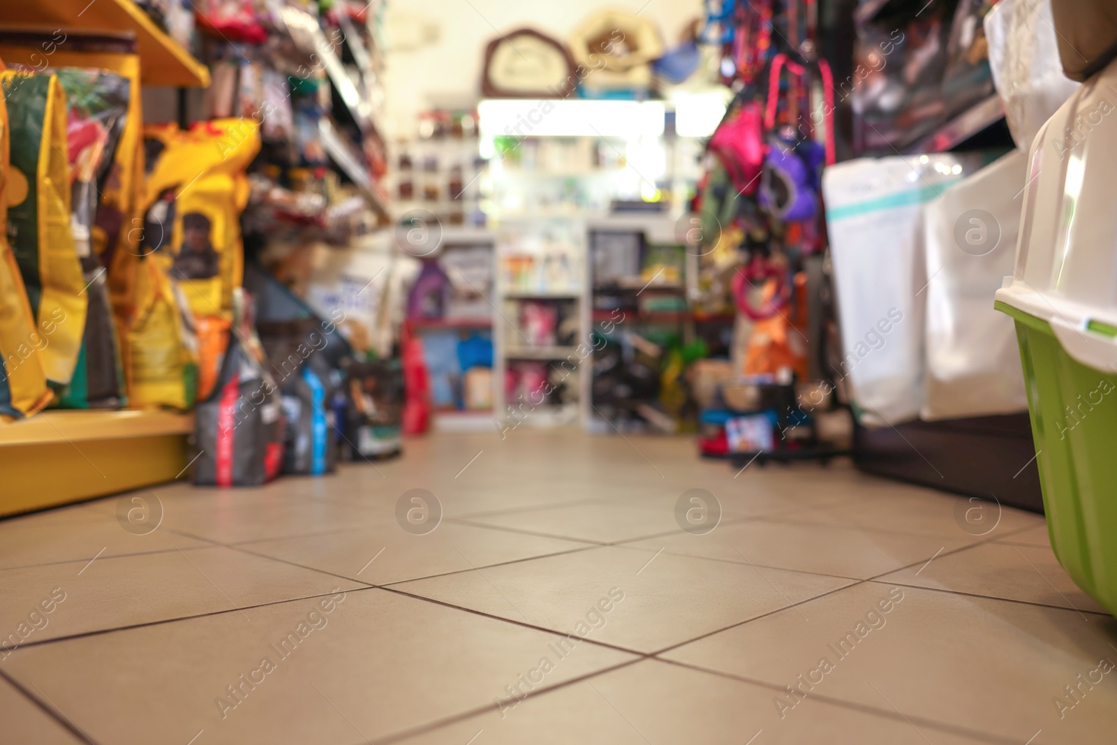 Photo of Shelves with different products in pet shop, selective focus