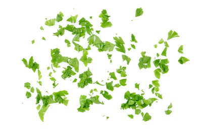 Photo of Chopped parsley leaves on white background, top view