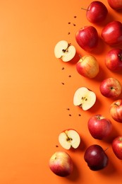 Fresh red apples and seeds on orange background, flat lay