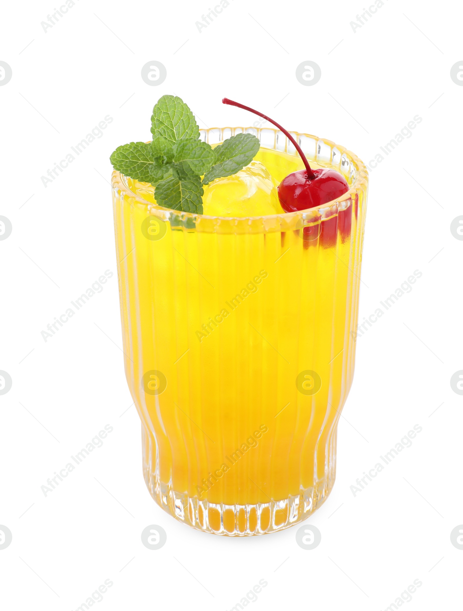 Photo of Tasty pineapple cocktail with mint and cherry in glass isolated on white