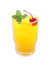 Photo of Tasty pineapple cocktail with mint and cherry in glass isolated on white