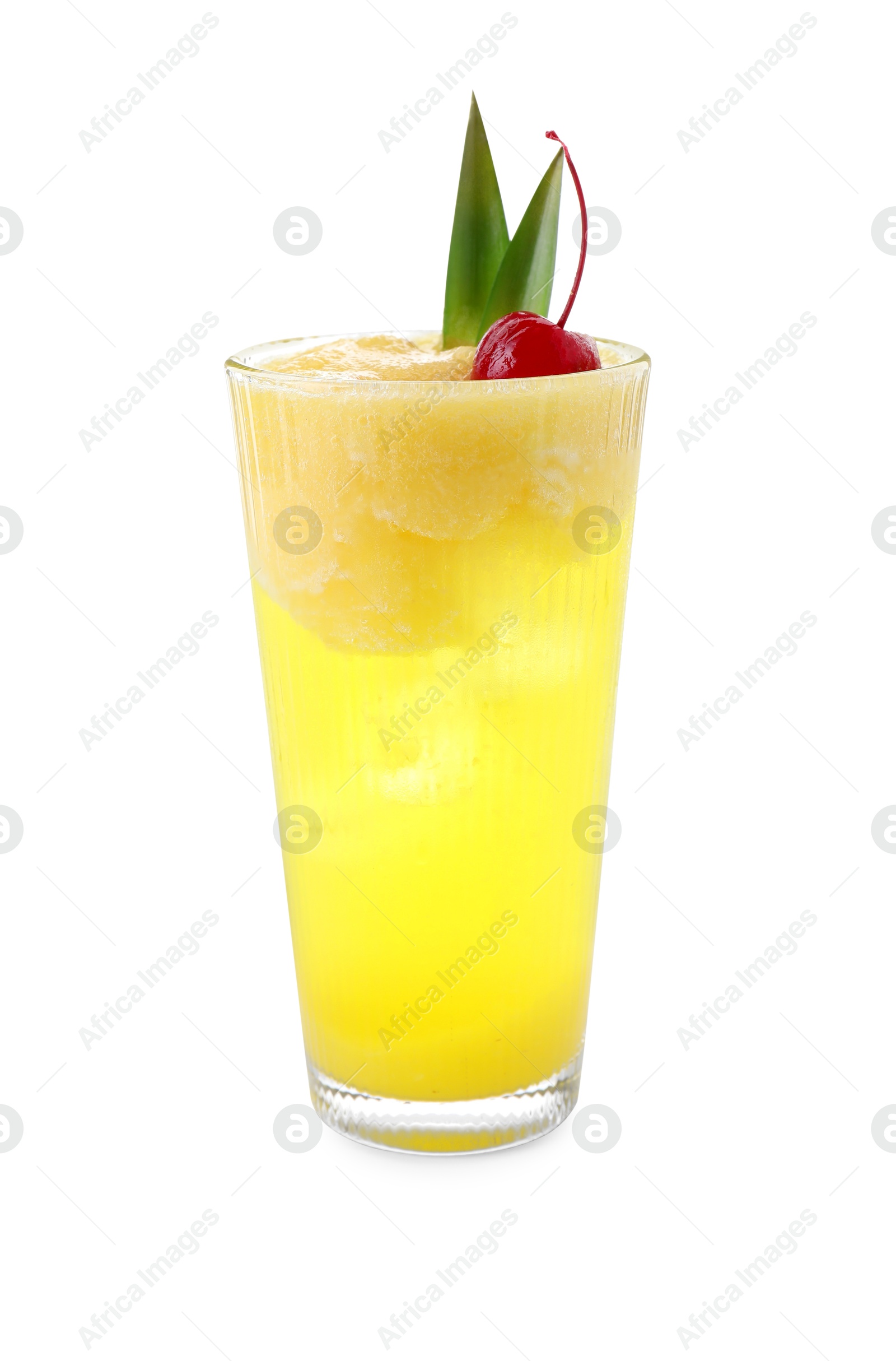 Photo of Tasty pineapple cocktail with cherry in glass isolated on white