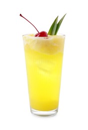 Photo of Tasty pineapple cocktail with cherry in glass isolated on white