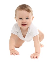 Photo of Cute little baby crawling on white background